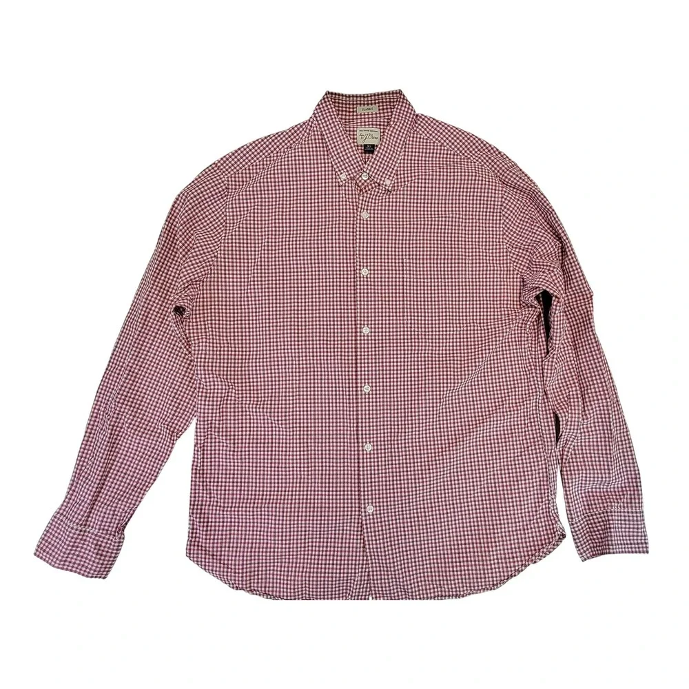 J Crew Classic Fit Red Gingham Button Down Shirt XL Long Sleeve Cotton Men‎